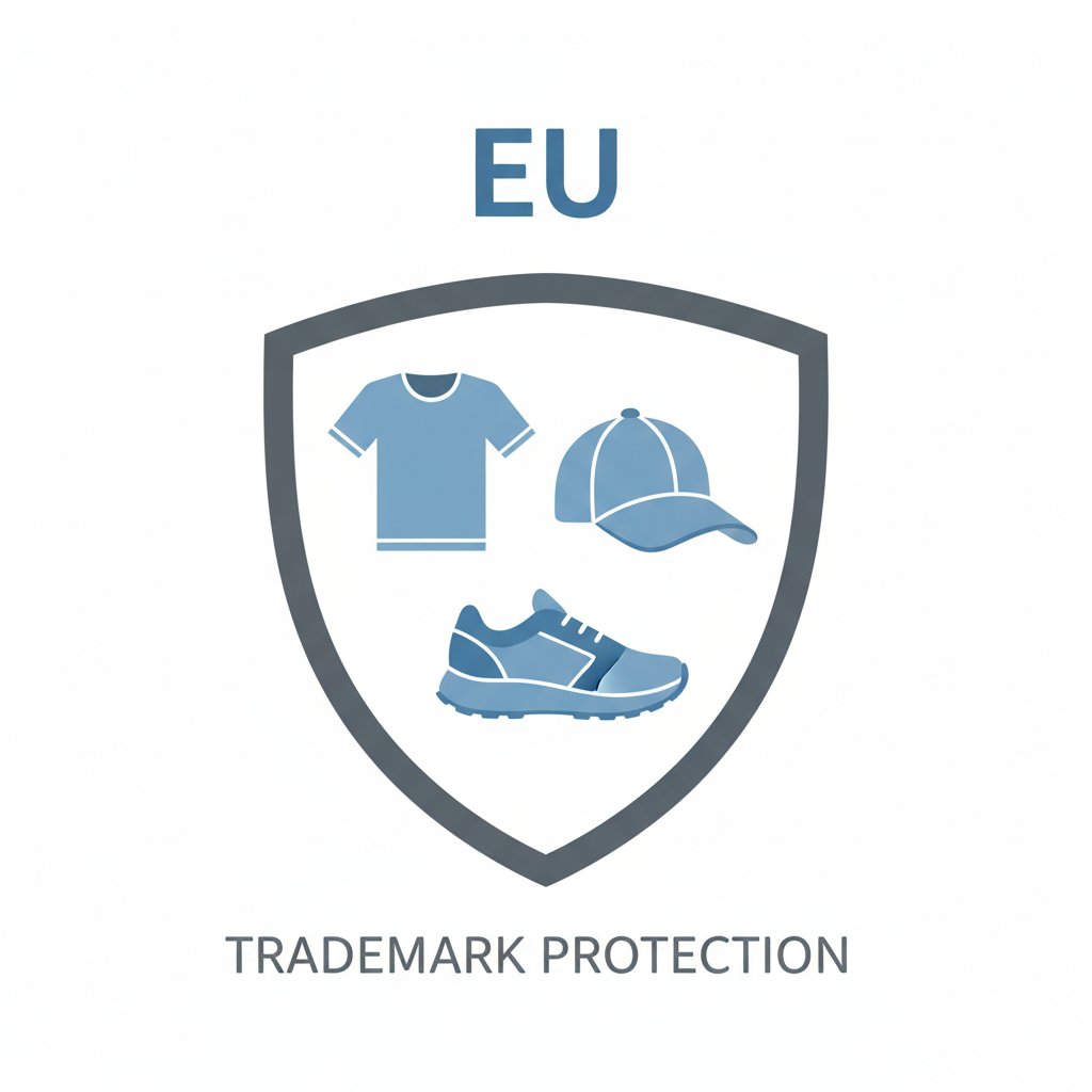 Symbole für Kleidung, Schuhe und Kopfbedeckungen in einem Schutzschild, die die Markenregistrierung in Klasse 25 symbolisieren.