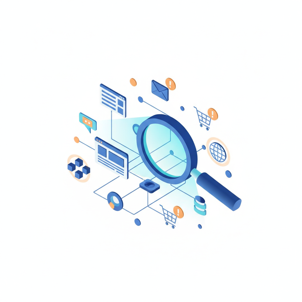 Eine isometrische 3D-Illustration eines digitalen Scanners, der Web-Icons und Marktplatz-Logos nach Markenrechtsverletzungen durchsucht.