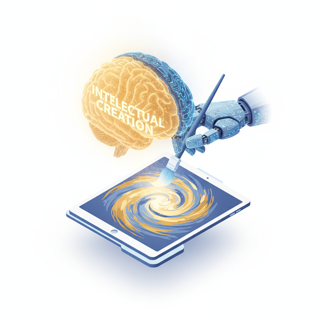 A conceptual illustration comparing human intellectual creation with AI-generated output, featuring a human brain and a robotic hand.