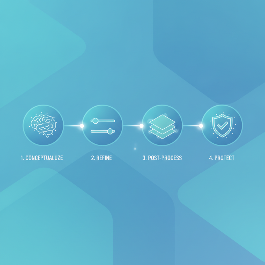 Un diagramme de flux de travail créatif en quatre étapes illustrant le processus depuis le prompt initial jusqu'à l'œuvre finale protégée