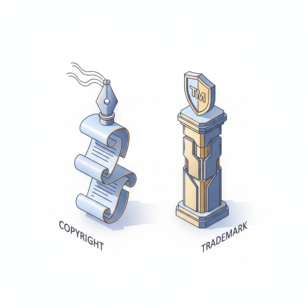 Una ilustración isométrica en 3D que compara los símbolos de derechos de autor y marca registrada como dos pilares de la seguridad de marca