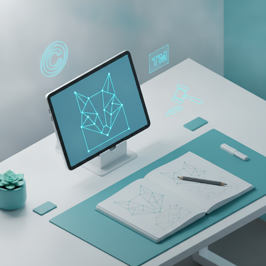 A 3D illustration showing a digital logo design on a tablet alongside a physical sketchbook and a copyright symbol