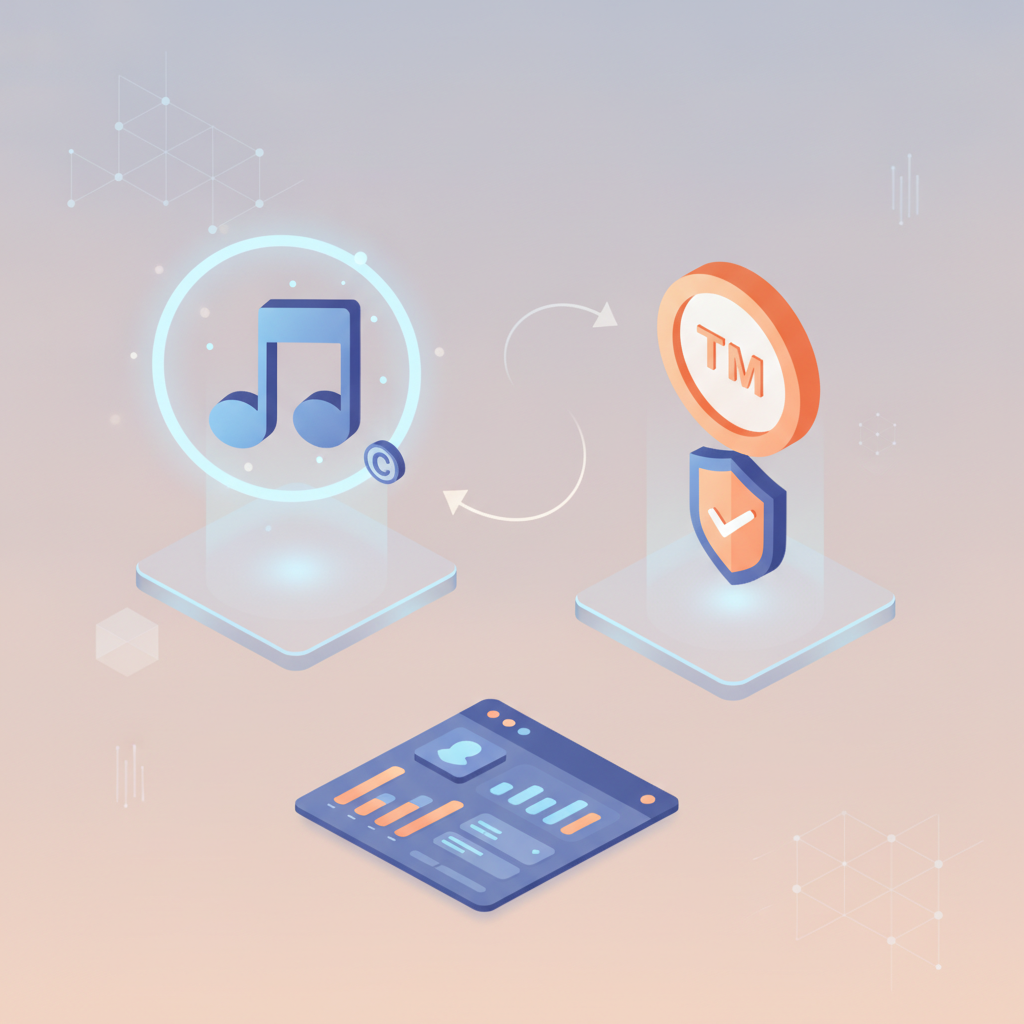 Ilustración isométrica que compara una nota musical para derechos de autor y un símbolo de marca registrada para la protección de marca.