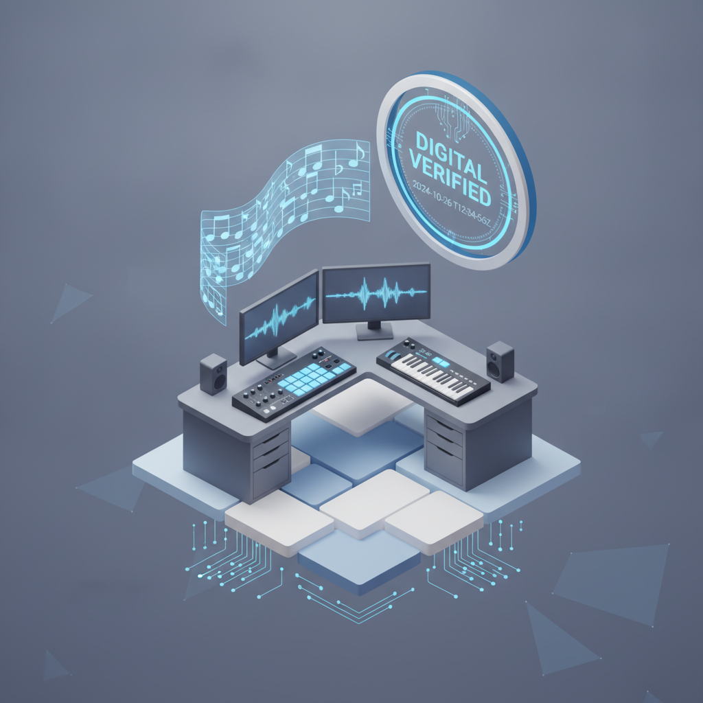 Una ilustración en 3D que muestra un sello de certificado digital junto a notas musicales y una interfaz de software