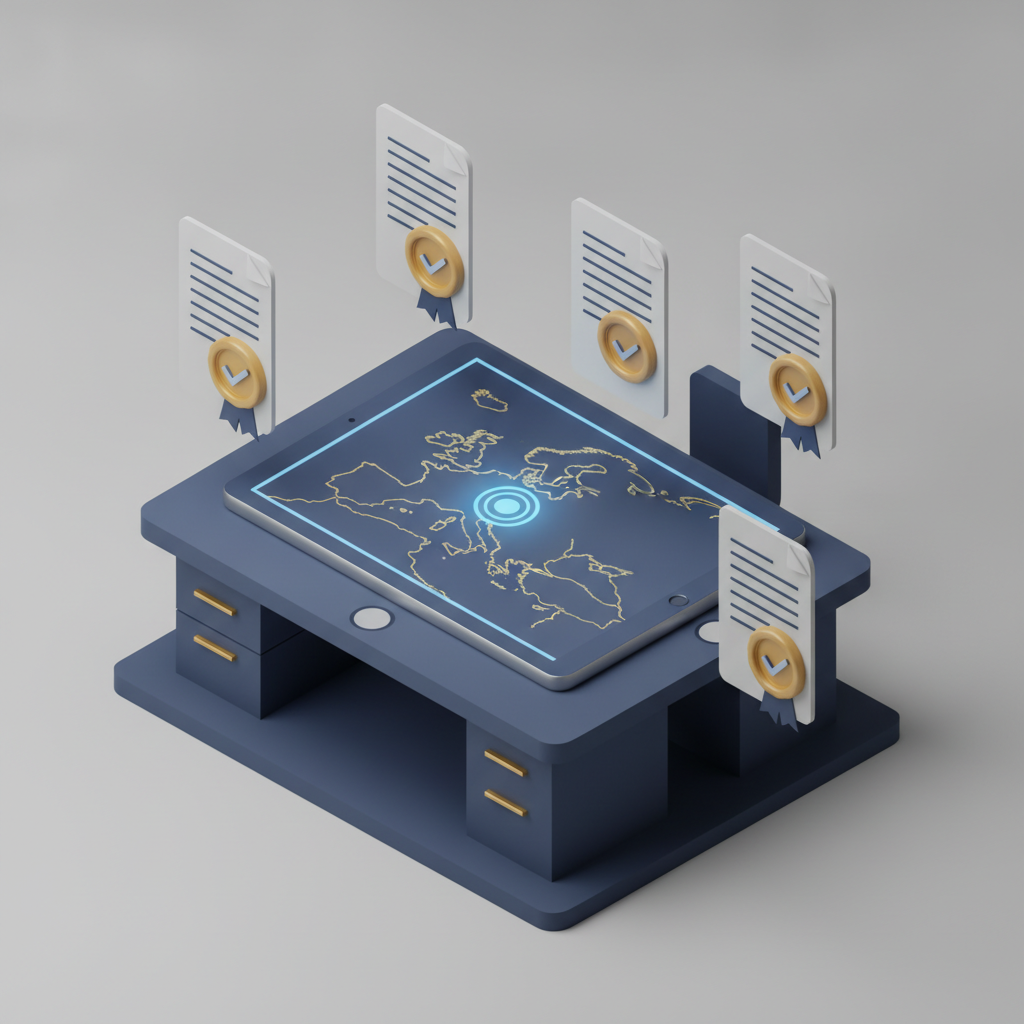 Una ilustración isométrica en 3D que muestra documentos legales protegidos con el tema de la Unión Europea y sellos dorados.