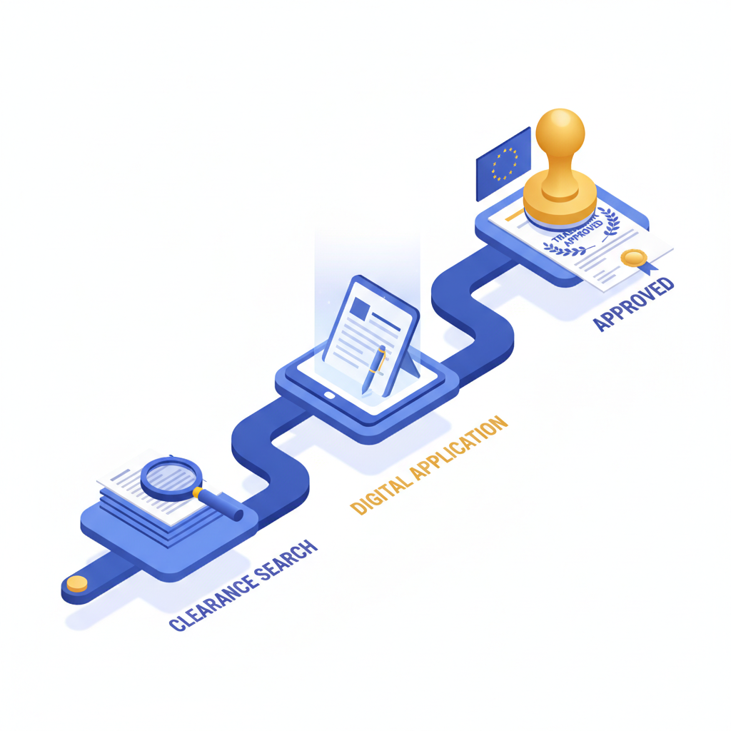 Illustration isométrique du processus étape par étape d'enregistrement de marque dans l'UE, présentant une feuille de route et des documents juridiques.