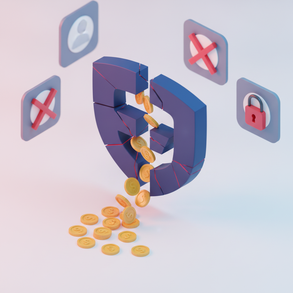A conceptual 3D illustration of a cracked brand logo symbolizing financial and reputational damage.