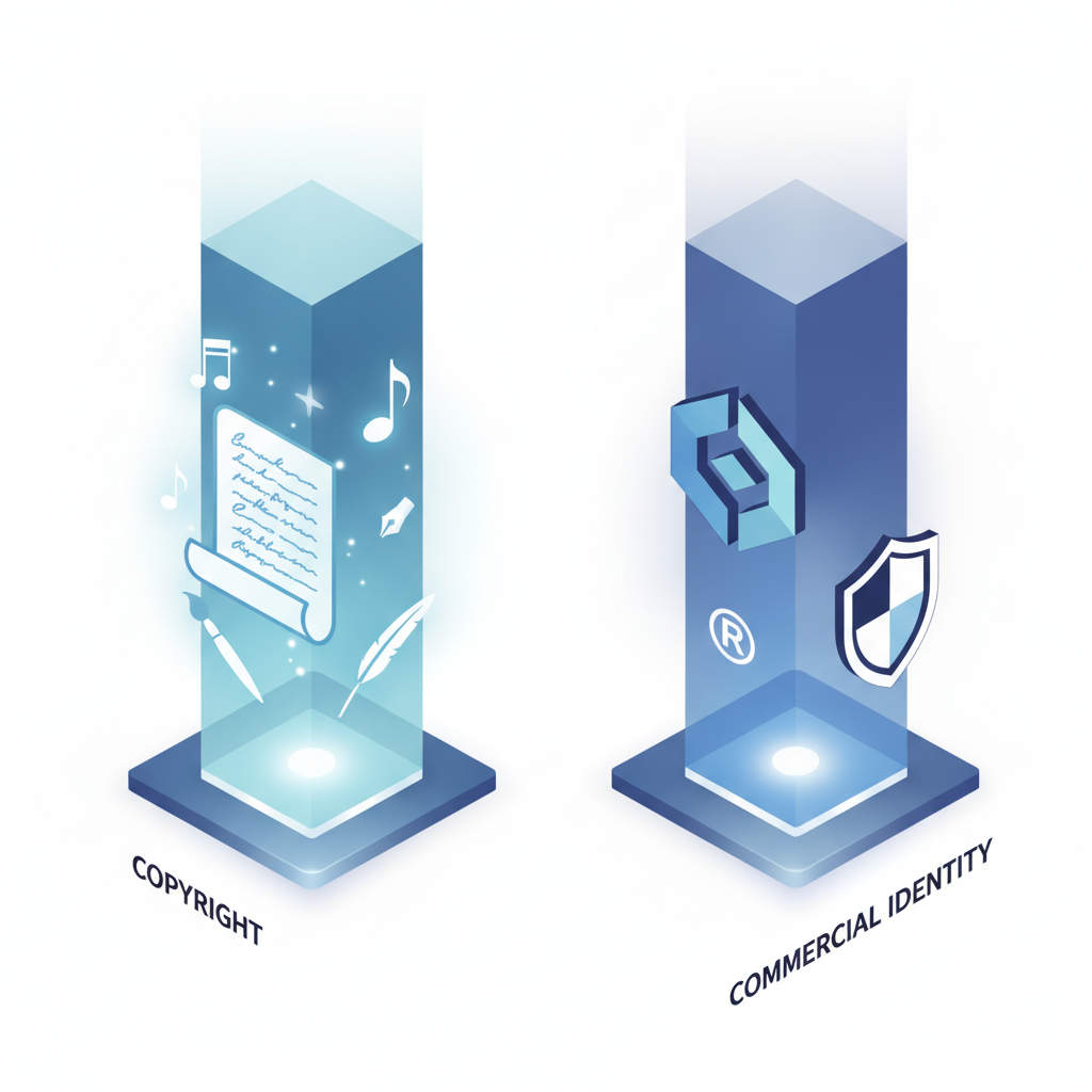 Una ilustración conceptual que compara las protecciones de derechos de autor y marcas registradas con iconos de obras creativas e identificadores de marca.