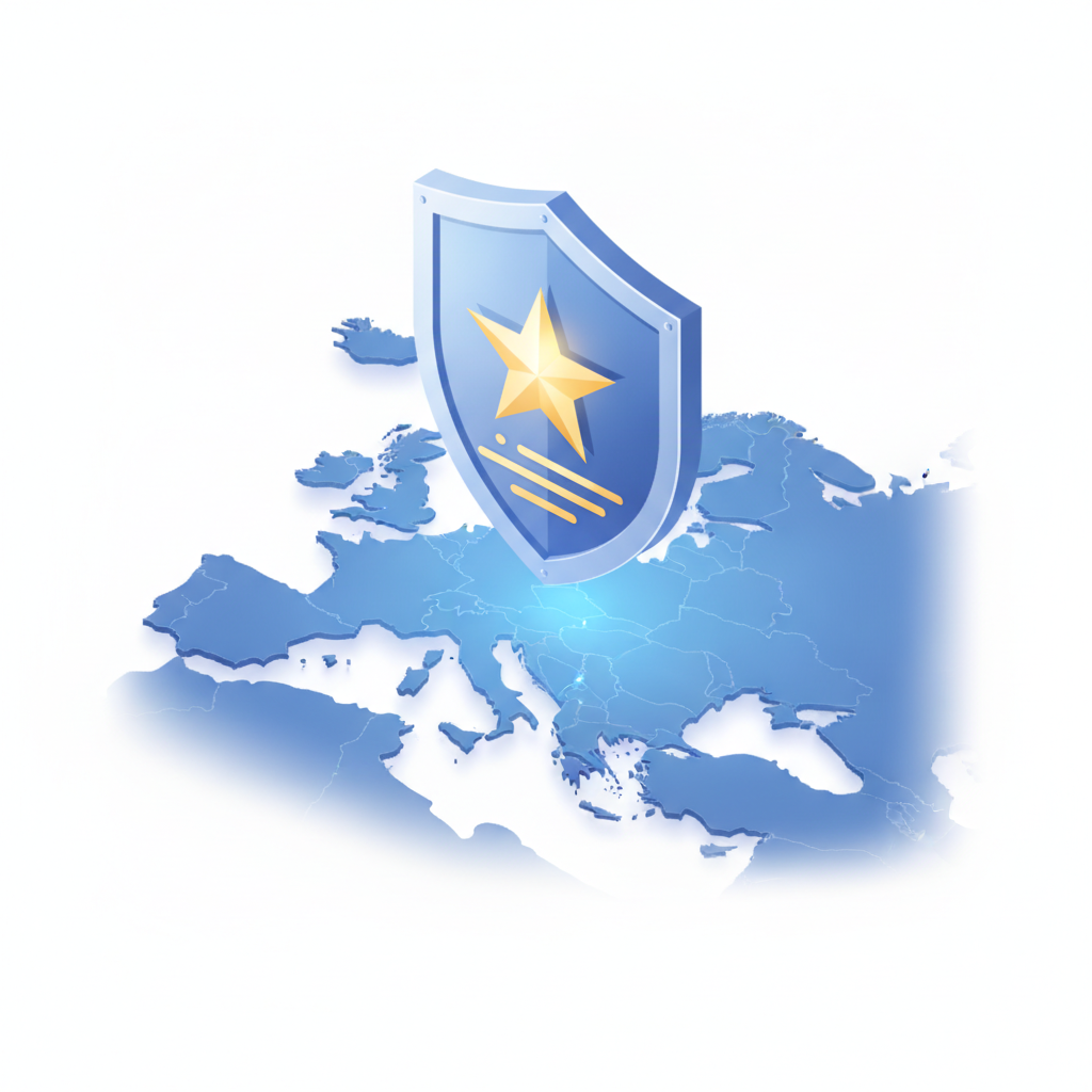 3D isometric illustration of the European Union map protected by a digital shield icon, representing unified intellectual property rights.