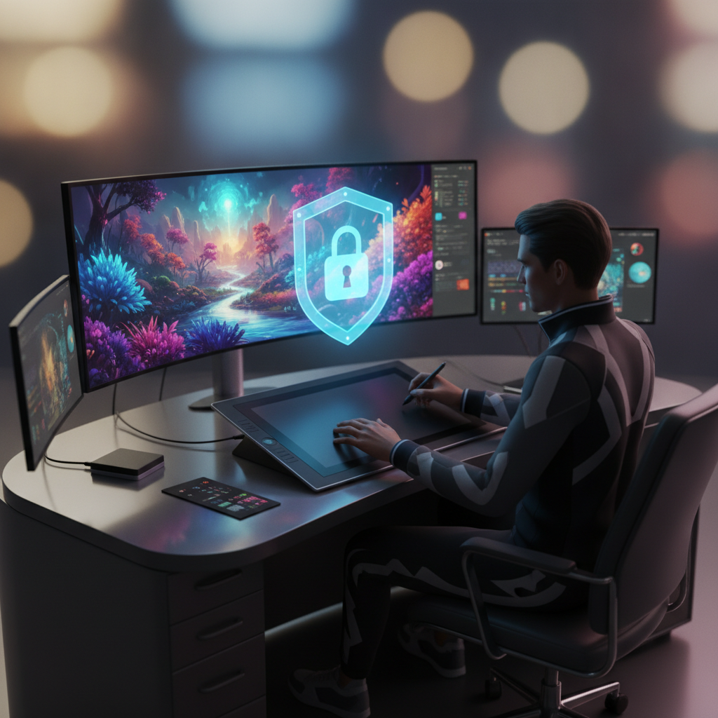 A digital artist working on a tablet with a protective shield icon overlaying the artwork.