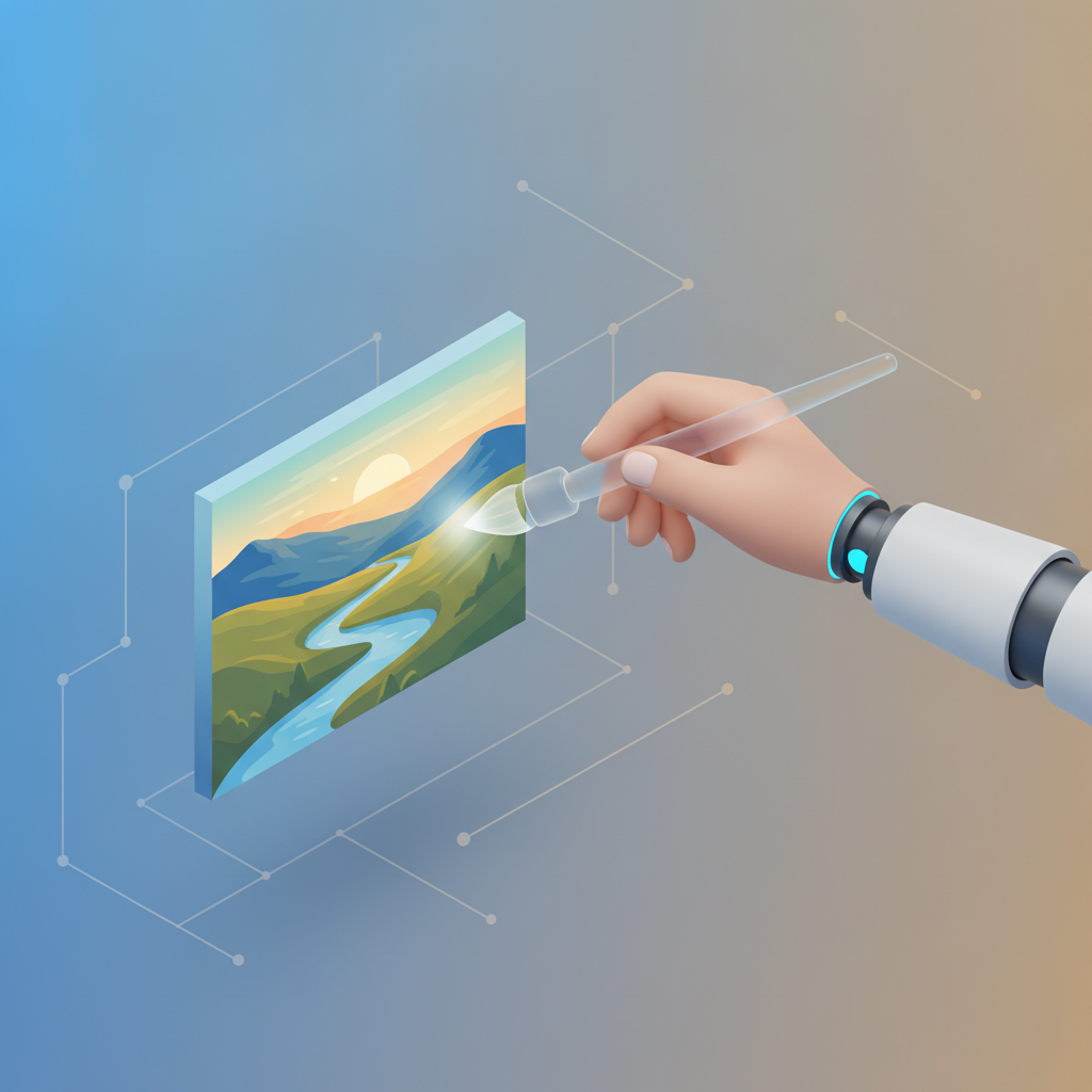 Conceptual illustration of human and artificial intelligence collaborating on a digital artwork