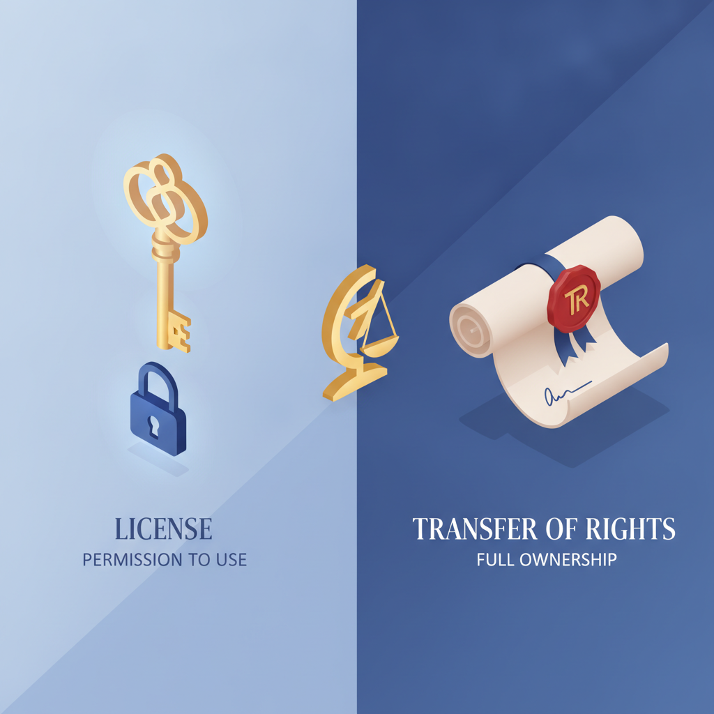 Illustration conceptuelle comparant la licence d'actifs numériques et la cession de droits à l'aide d'une clé et d'un document juridique.