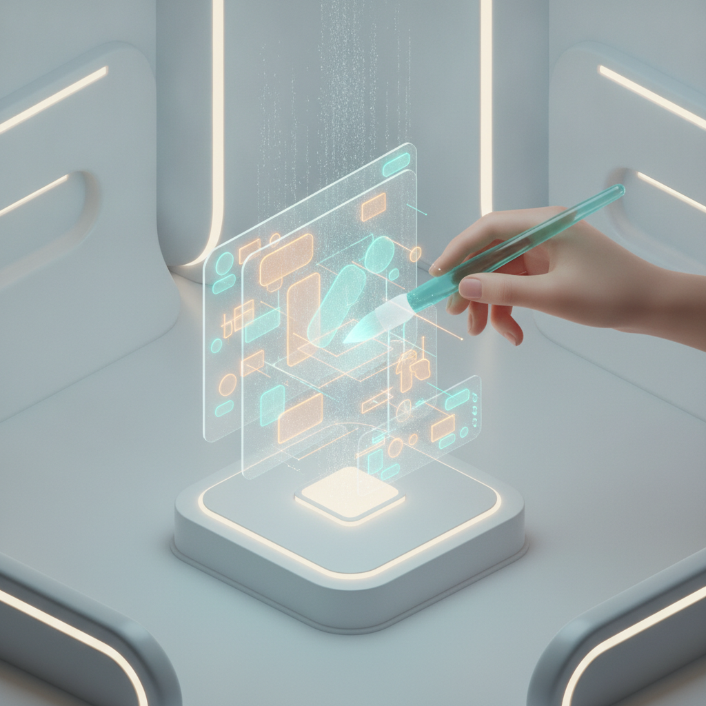 La mano de un artista digital manipulando una interfaz holográfica para representar elecciones creativas personales.