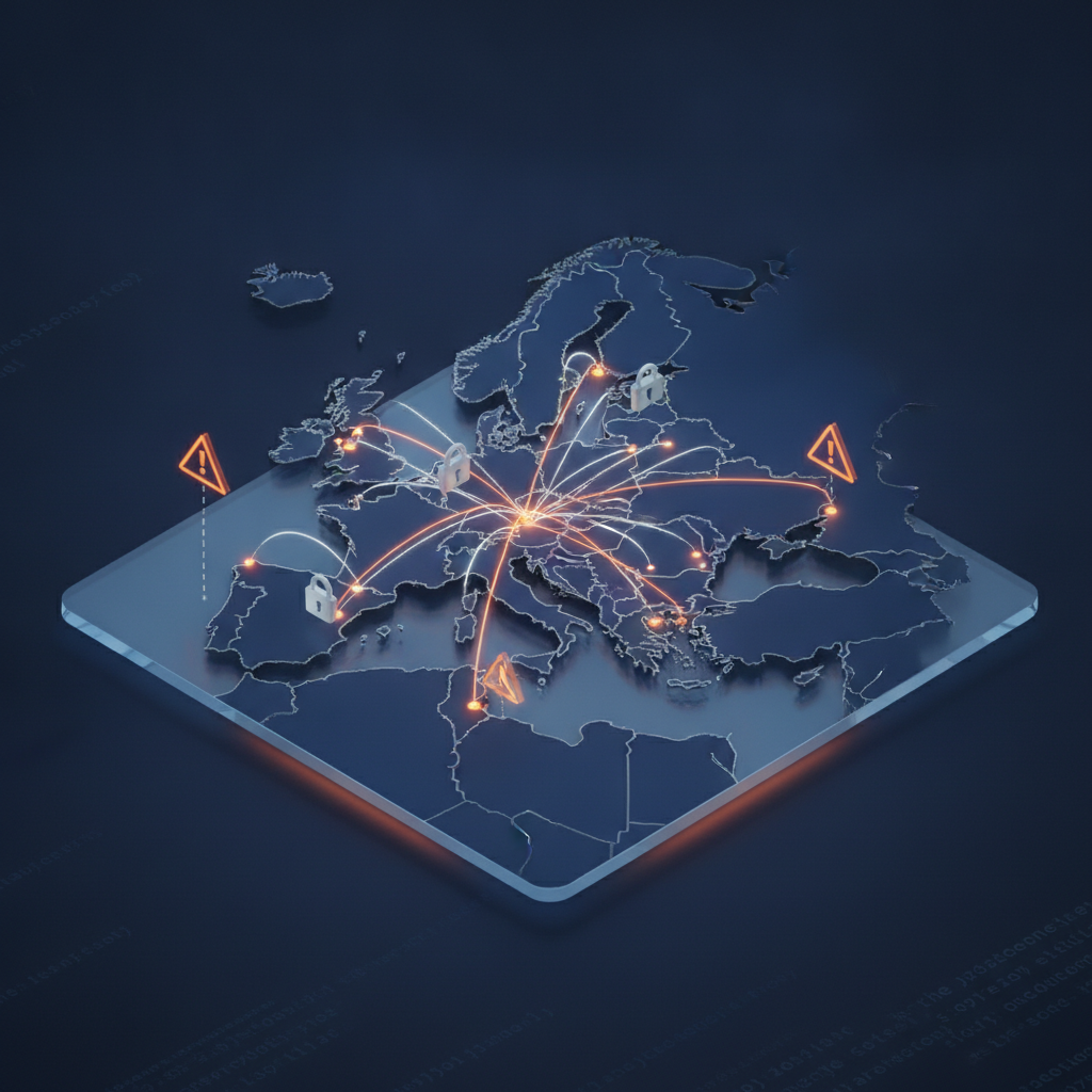 Ilustración conceptual del flujo de datos digitales a través de Europa con símbolos de seguridad que representan los desafíos de la piratería.