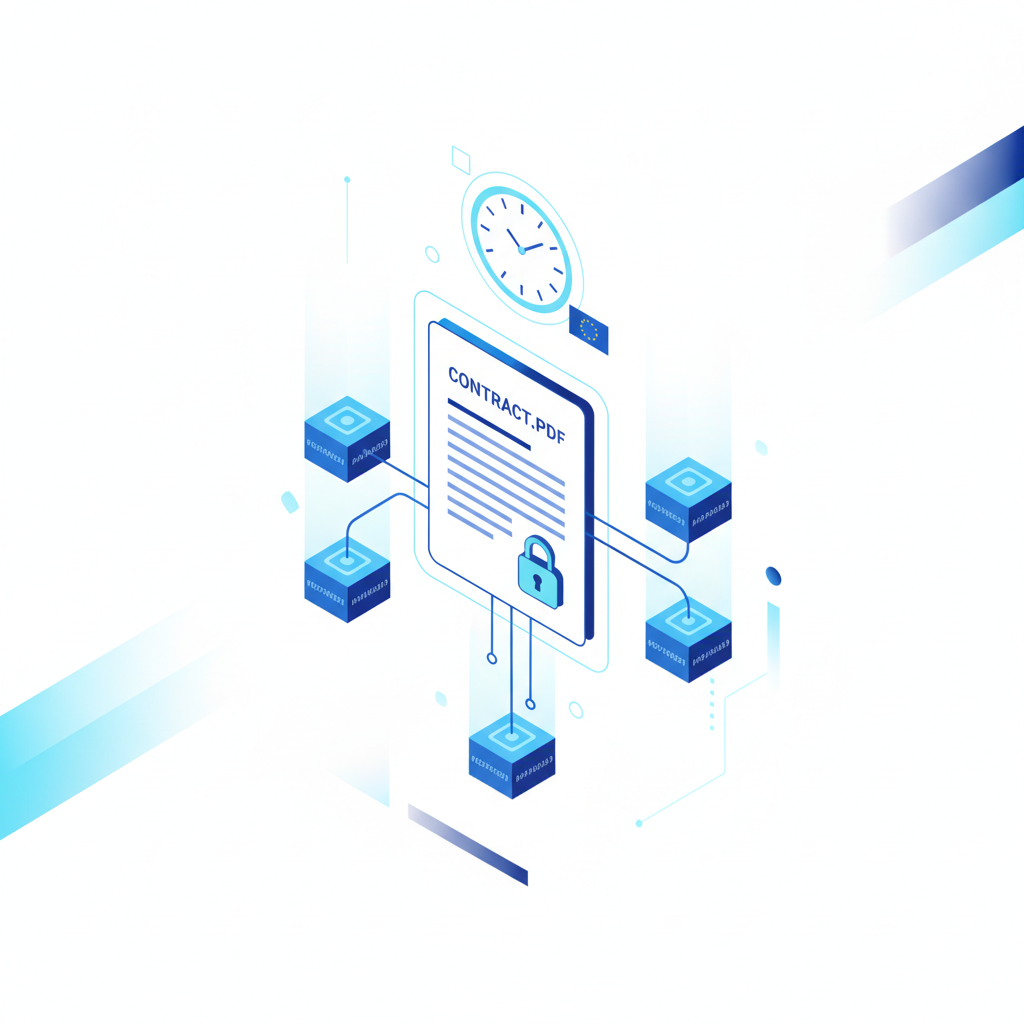 Isometrische Illustration eines digitalen Dokuments, das sich mit einem sicheren Blockchain-Netzwerk verbindet, inklusive Zeitstempel-Symbol.
