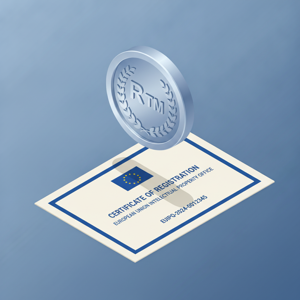 A 3D illustration showing a trademark seal and a formal registration certificate representing brand protection.