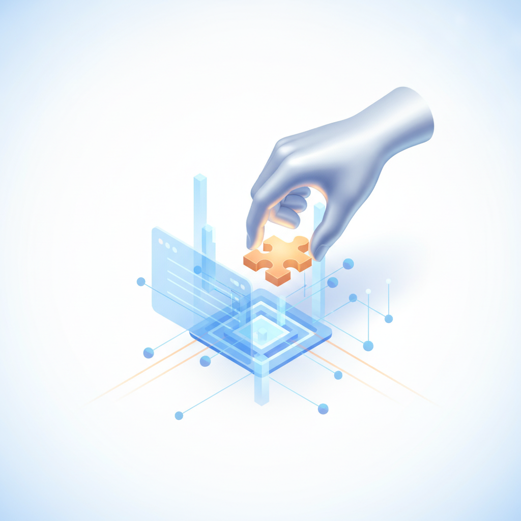 A 3D illustration of a human hand interacting with a digital AI network to represent human intellectual creation.