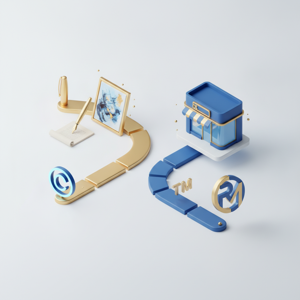 A visual comparison between copyright and trademark protection paths using symbols and conceptual icons.