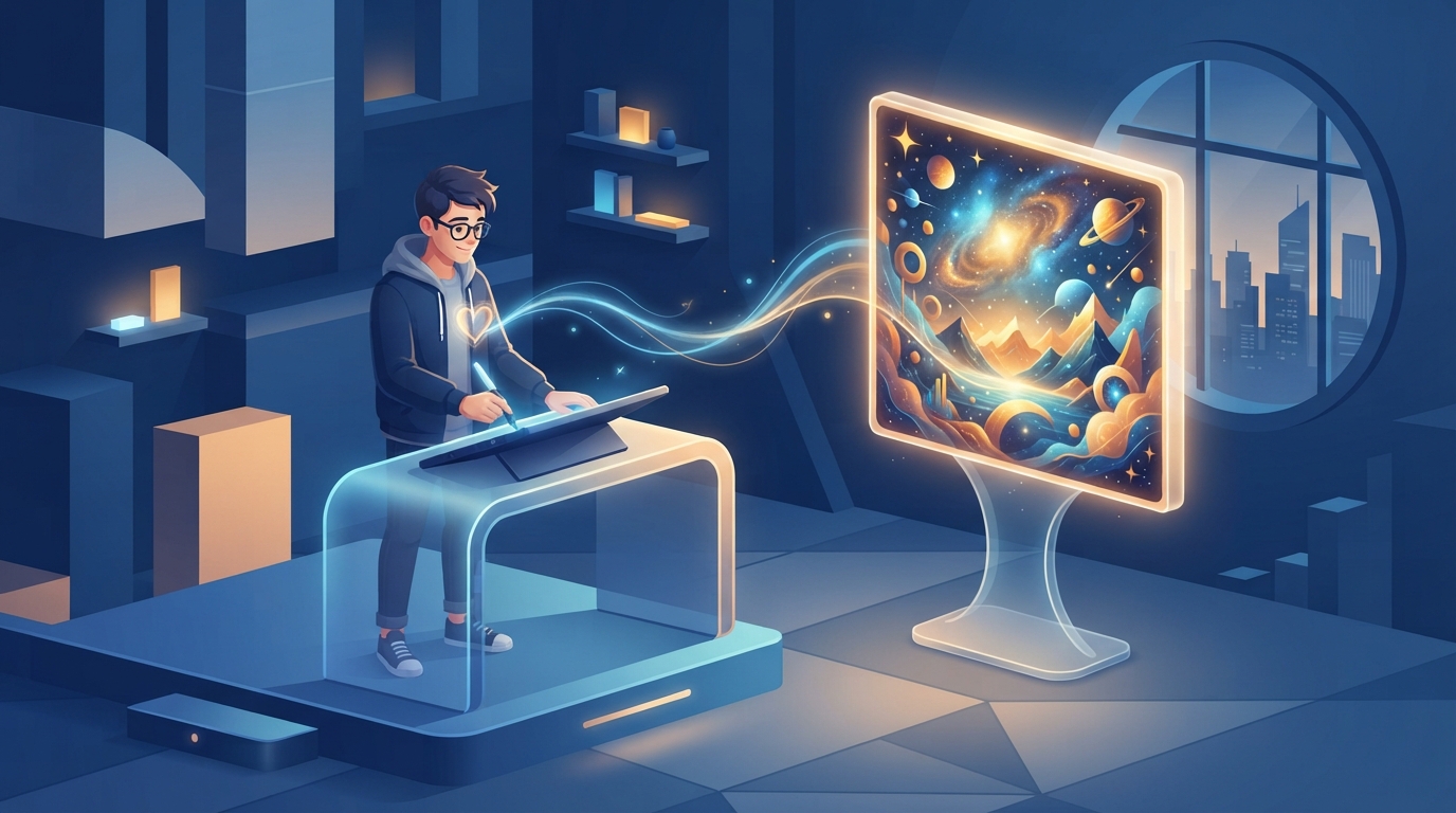 A horizontal conceptual illustration of a creator connected to their digital work by glowing light, symbolizing moral rights and the droit d'auteur tradition.