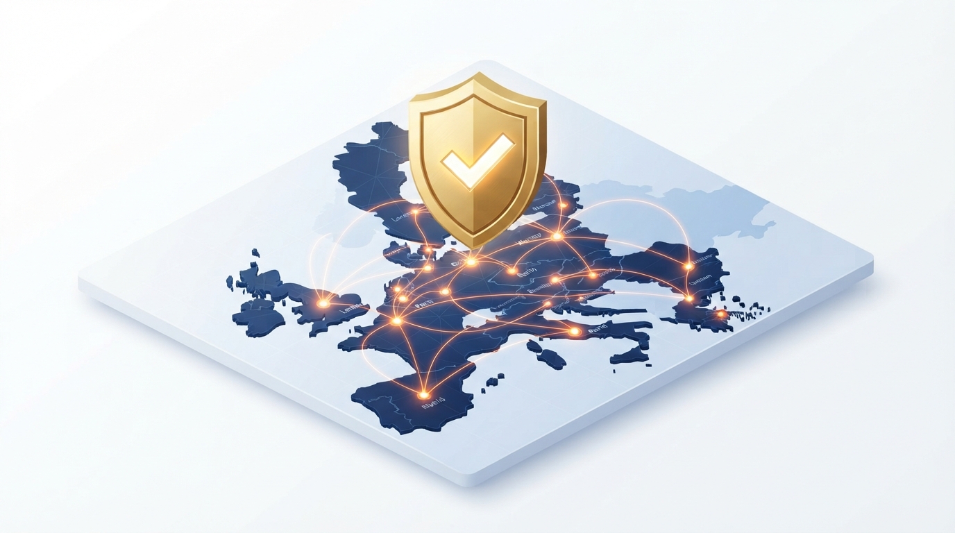 An isometric illustration showing a golden shield over a connected map of the European Union, symbolizing centralized brand protection.