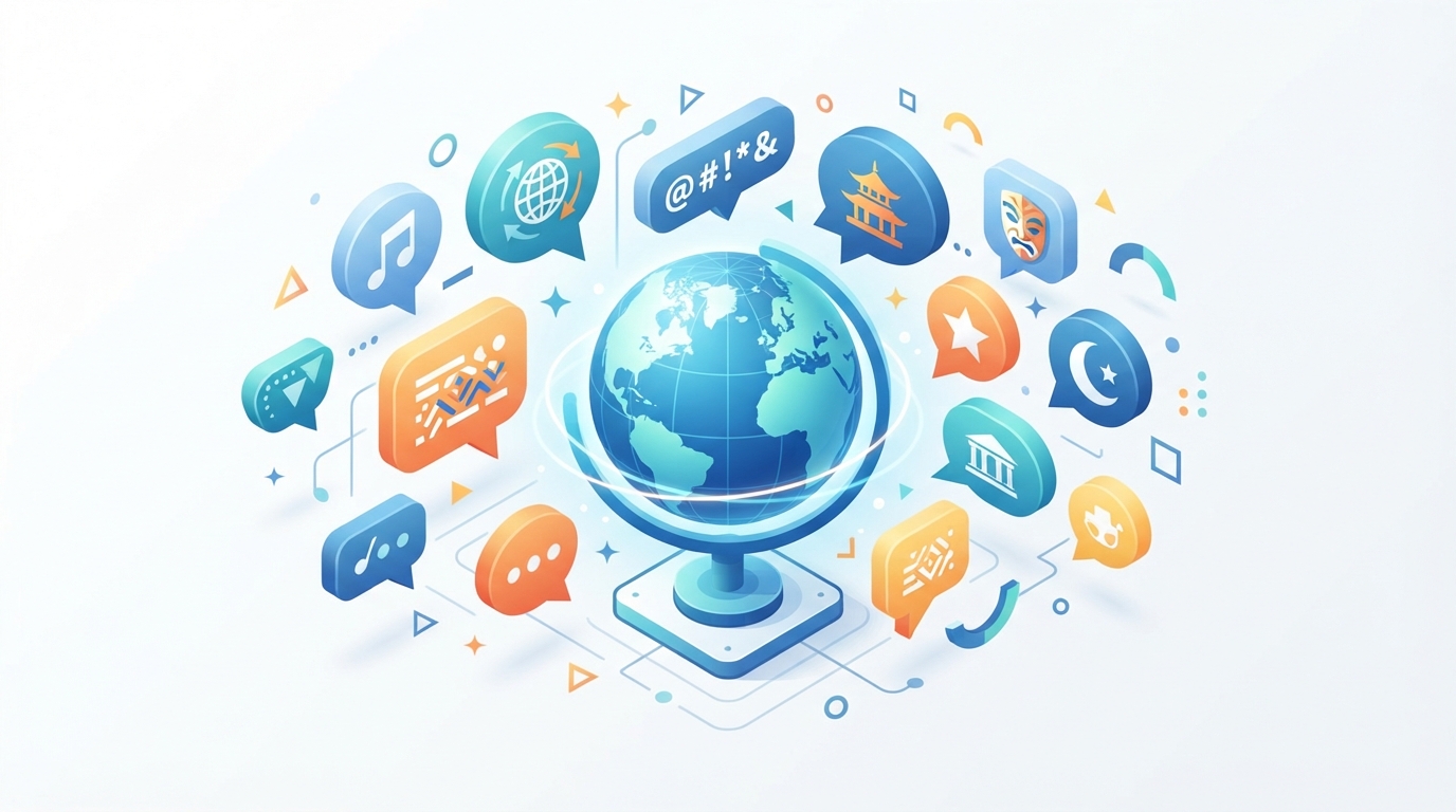 Isometric illustration of a globe surrounded by abstract communication bubbles, symbolizing cross-border brand naming.