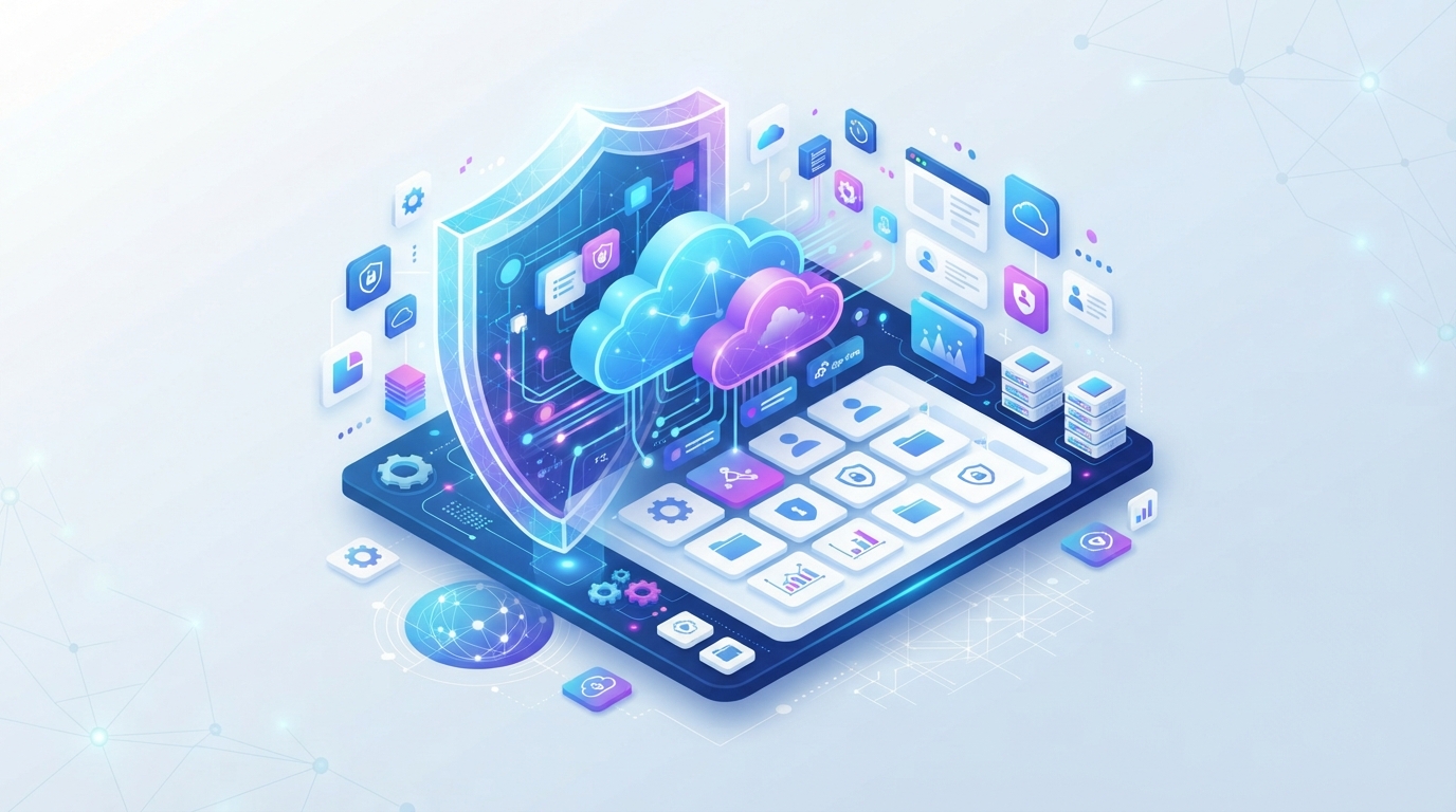 Illustration isométrique d'un bouclier numérique protégeant un écosystème logiciel basé sur le cloud et des icônes d'applications.