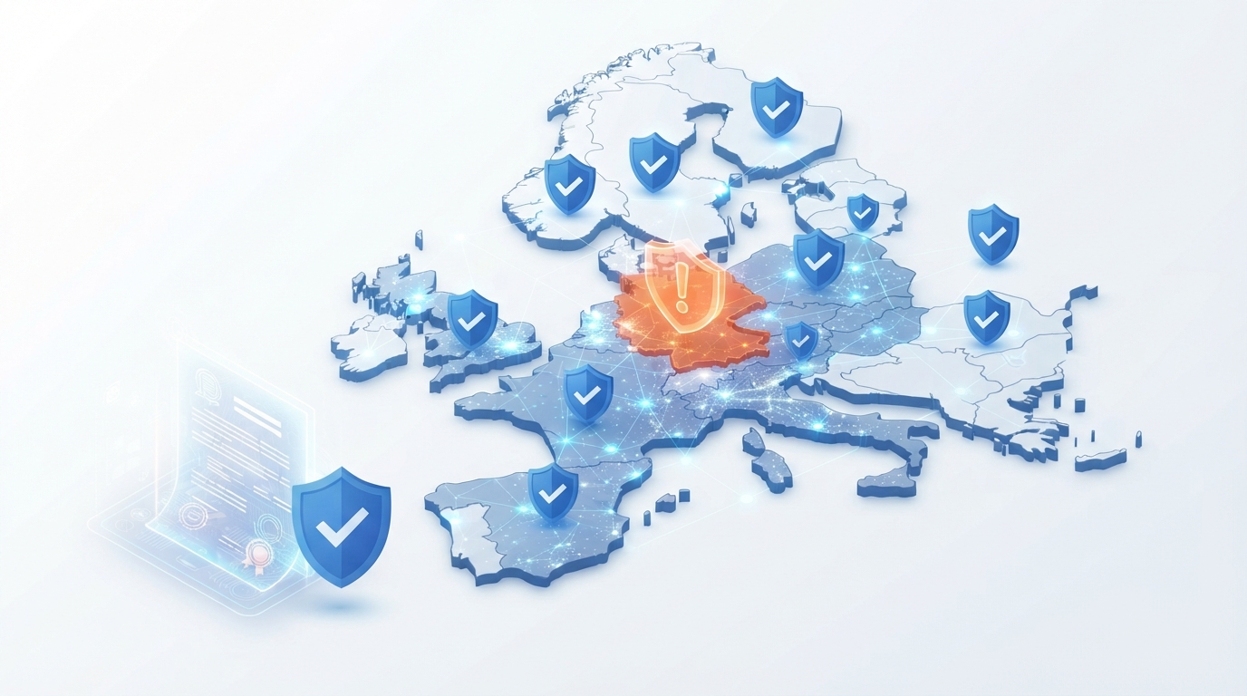 3D isometric illustration of a European map with security icons representing territory-specific IP risks and brand protection.