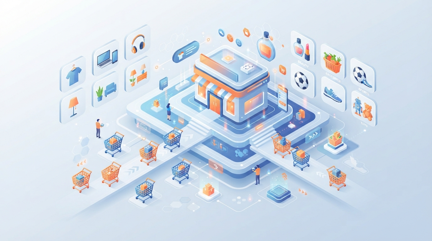 Isometric illustration of a digital storefront with floating e-commerce symbols and retail categories.