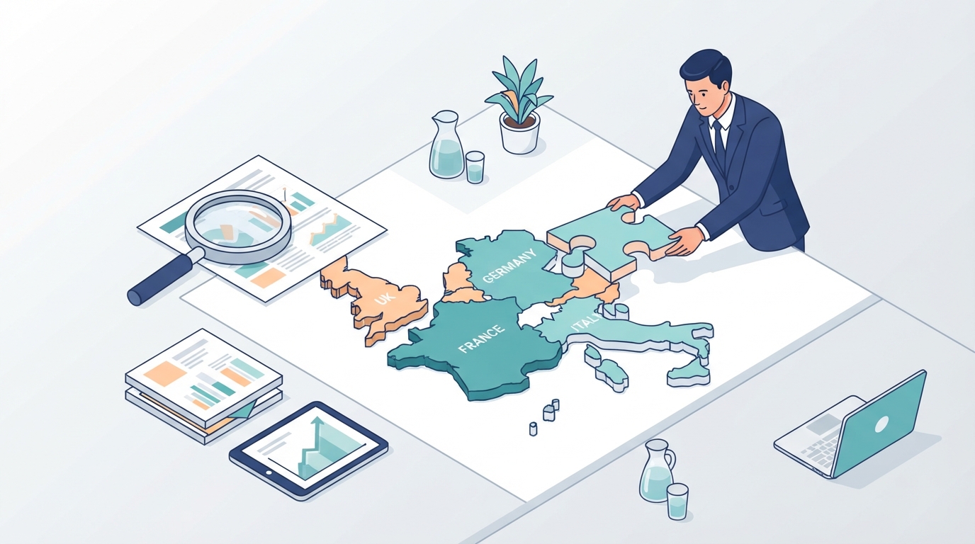 Isometric illustration of a business professional planning a market entry in Europe with a puzzle map and magnifying glass.
