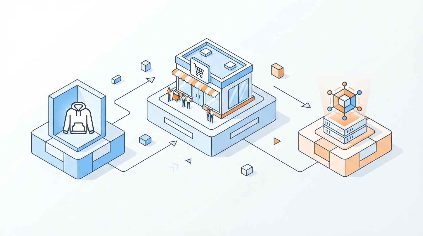 Une illustration isométrique 3D montrant l'expansion de la protection de la marque, des vêtements à la vente au détail et aux actifs numériques.
