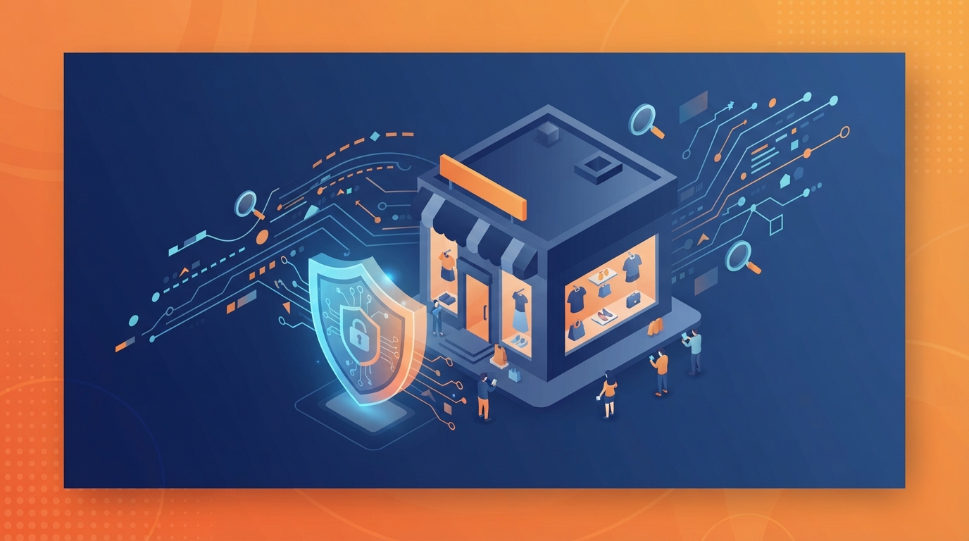 An isometric illustration representing digital brand protection for an online fashion marketplace.