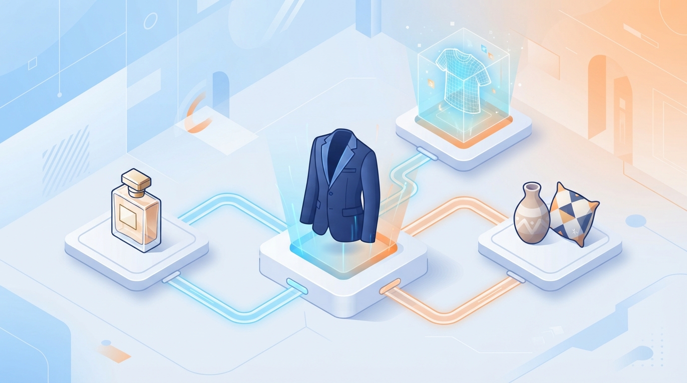 Ilustración isométrica que muestra una marca de moda expandiéndose hacia categorías de estilo de vida y digitales a través de una red conectada de iconos.