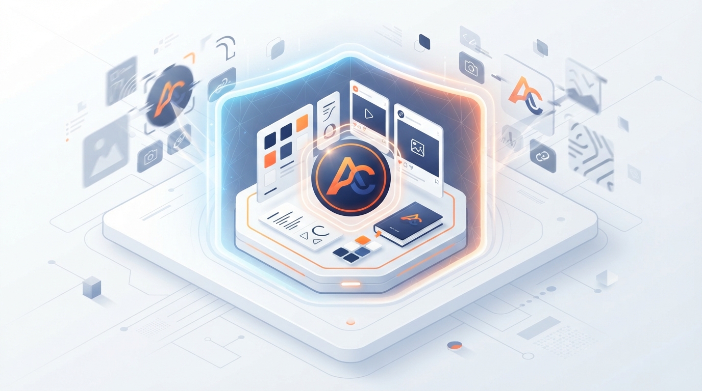 An isometric illustration of a digital shield protecting a brand logo and assets from imitators.