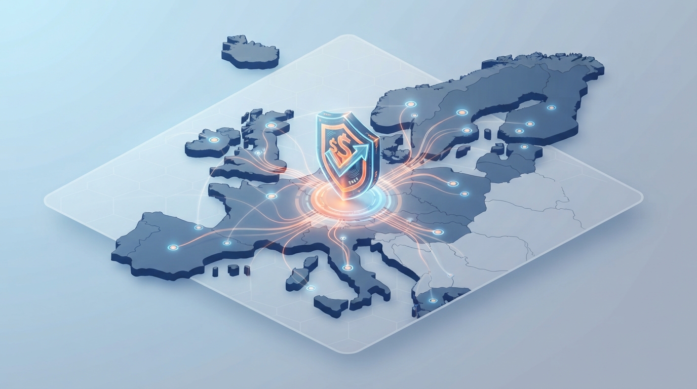 Une illustration isométrique montrant des connexions numériques sur une carte de l'Europe, symbolisant le système du guichet unique de TVA.