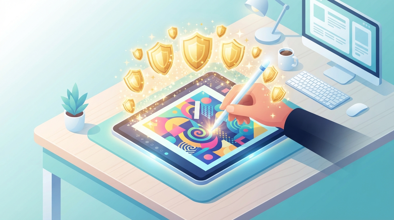 Isometric illustration of a digital artist creating work that is instantly surrounded by protective legal symbols.