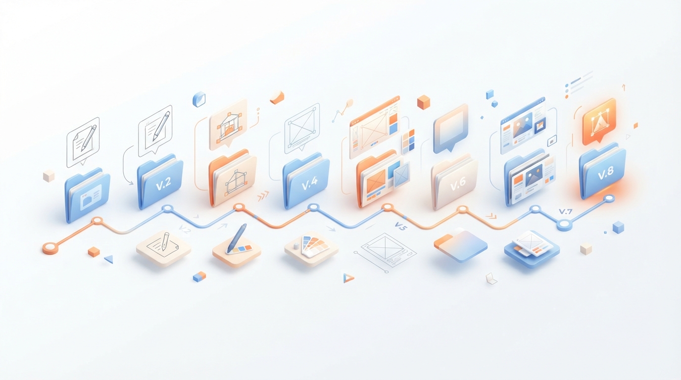 Isometric illustration showing a series of design file versions on a timeline to demonstrate a creation trail.
