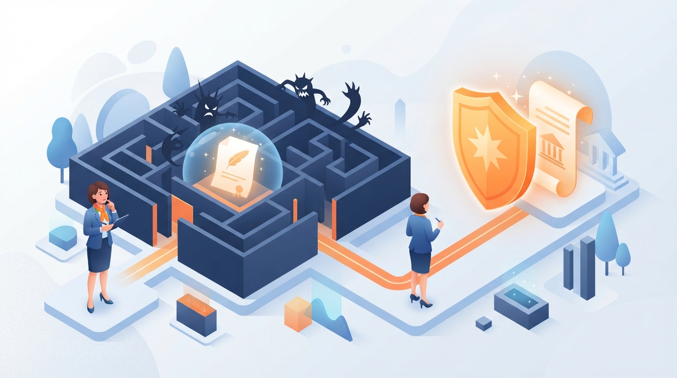 An isometric illustration showing the limitations of copyright protection against brand copycats in a commercial landscape.
