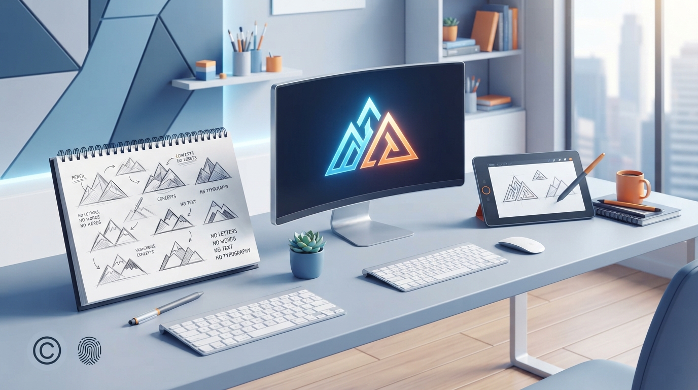 Una ilustración isométrica del espacio de trabajo de un diseñador que muestra varios bocetos artísticos de logotipos de montañas para representar la protección de los derechos de autor.