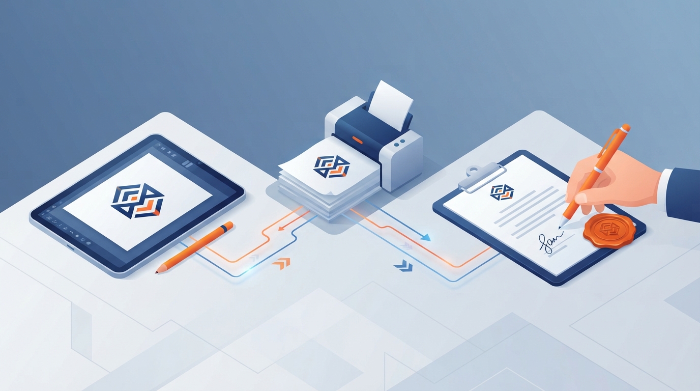 An isometric illustration showing a digital logo design transitioning into a formal legal document with a wax seal, representing the registration process.