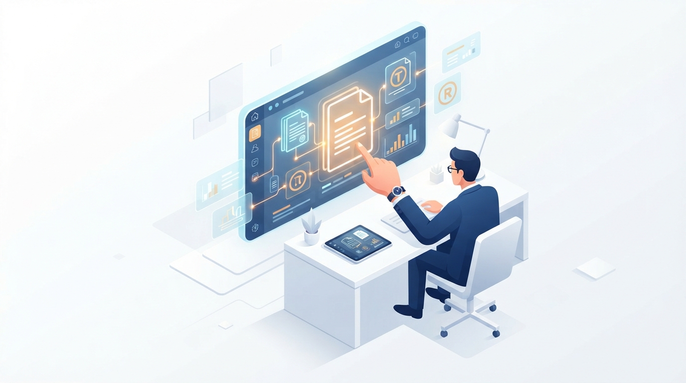 Isometric illustration of a legal professional reviewing trademark documents and digital symbols to defend a brand.