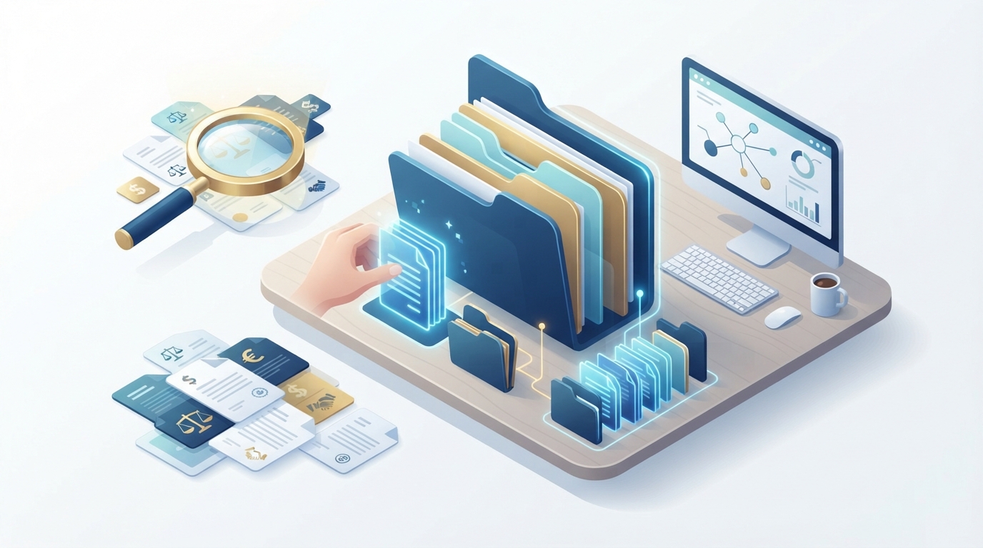 An isometric illustration of organized legal documents and business invoices being reviewed for proof of use.