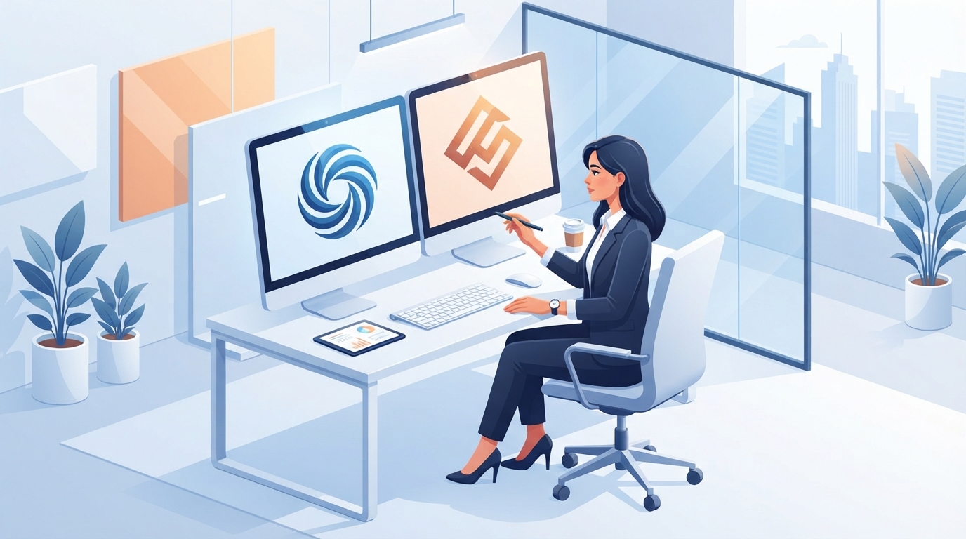 An isometric illustration showing a legal professional comparing two logo marks for potential similarity.