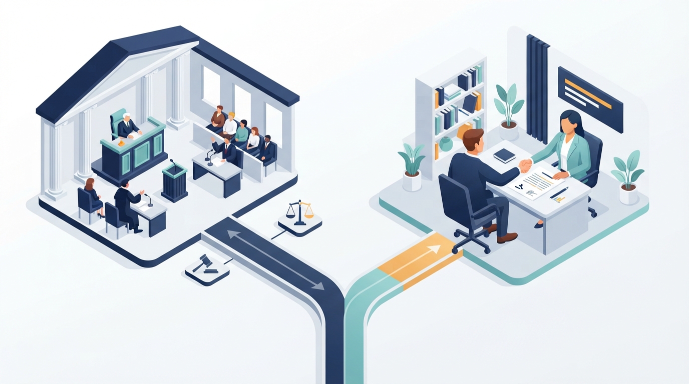 A 3D isometric illustration comparing the paths of legal litigation and commercial settlement.