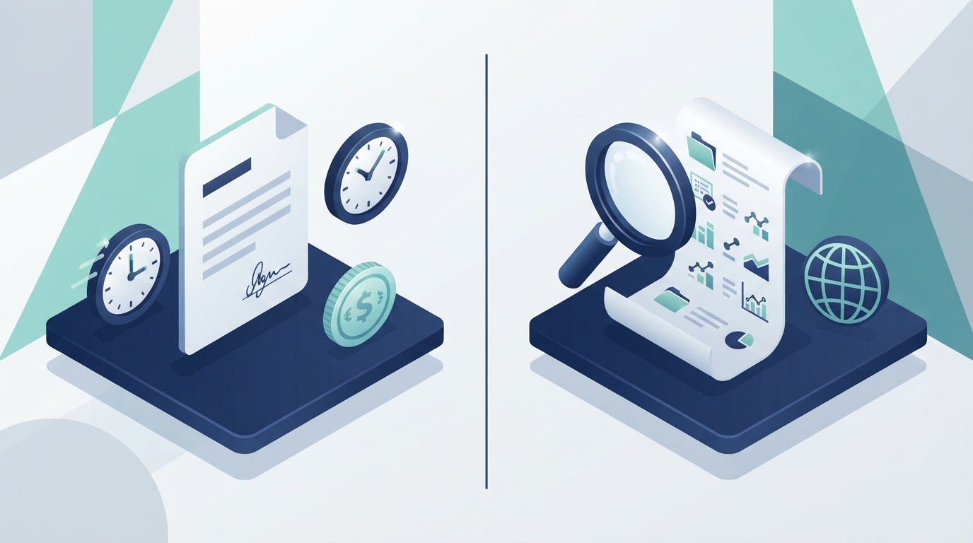 A split-screen isometric illustration representing administrative procedural tasks on one side and substantive content review on the other.