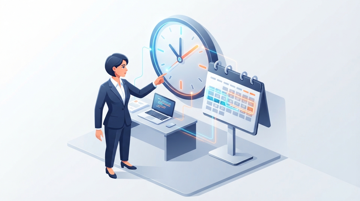 An isometric illustration of a clock and a calendar highlighting a strict two-month deadline period.