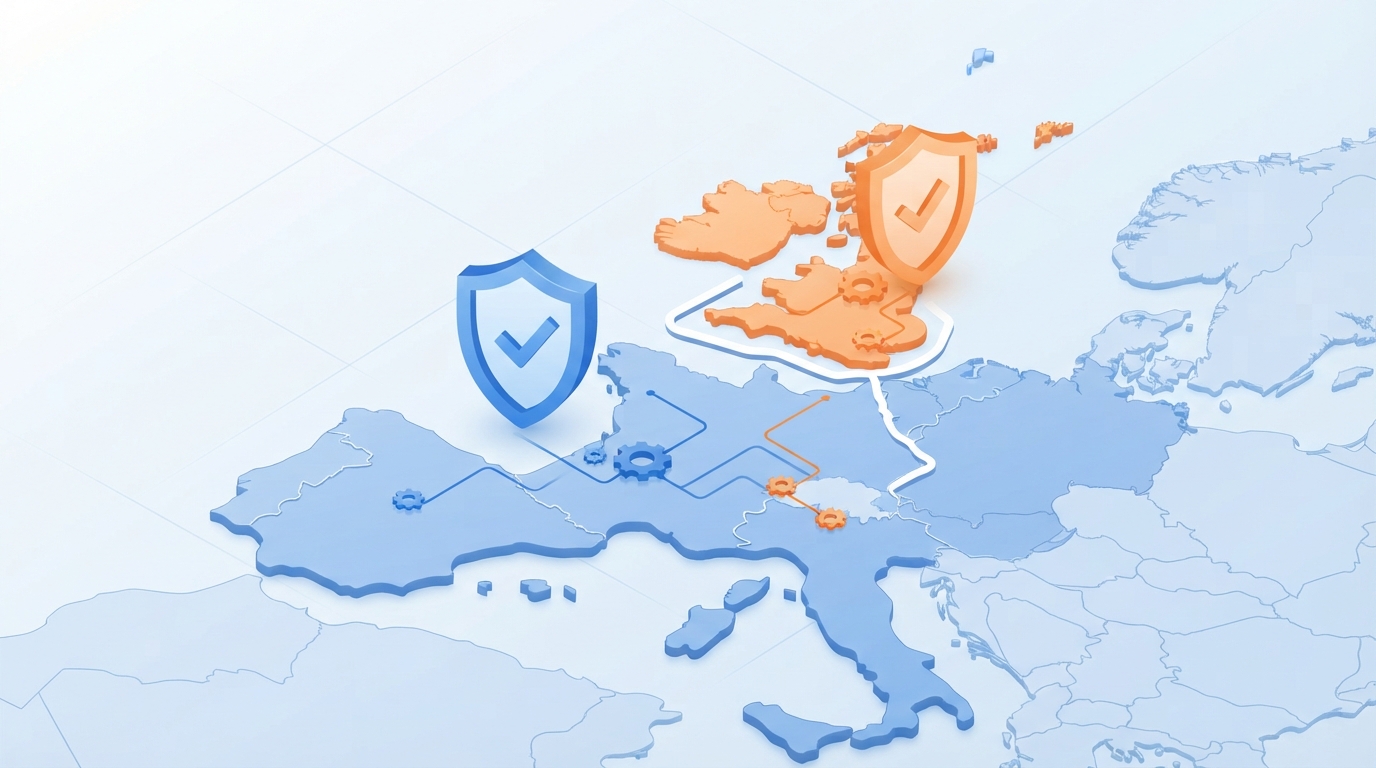An isometric illustration showing the separation of UK and EU trademark jurisdictions with protective shield icons.