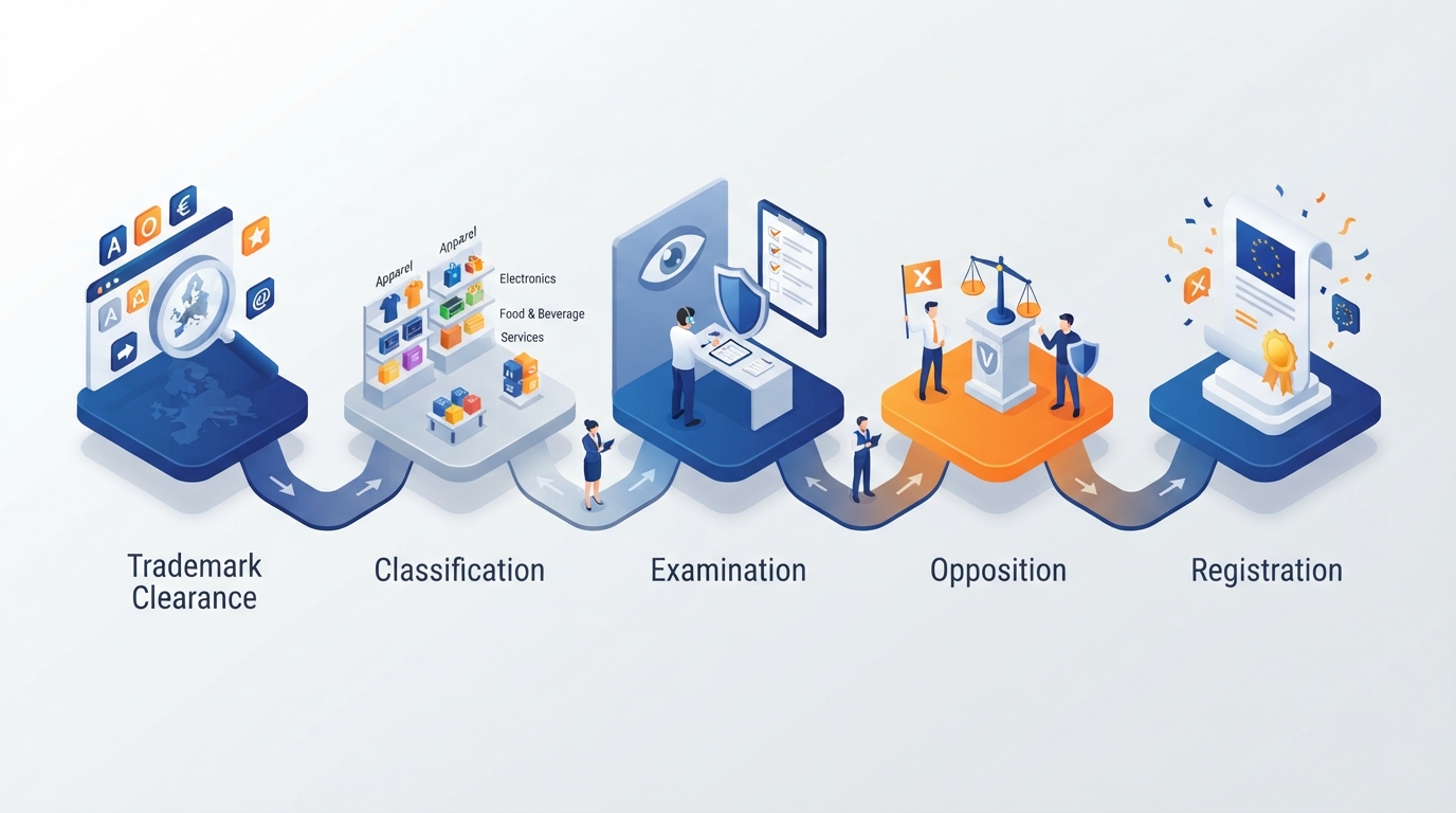 A 3D isometric illustration showing the sequential steps of a trademark application process in a clean, modern style.