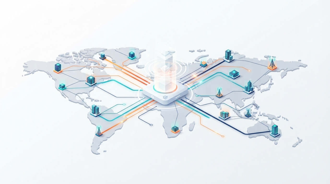 Une illustration isométrique en 3D montrant un centre de gestion reliant plusieurs sites internationaux sur une carte mondiale.