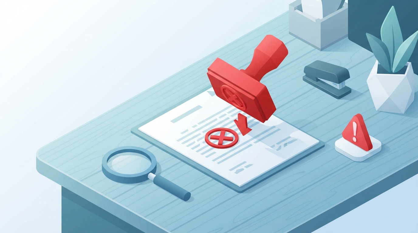 Isometric illustration of a document being marked with a rejection symbol due to generic filing issues.