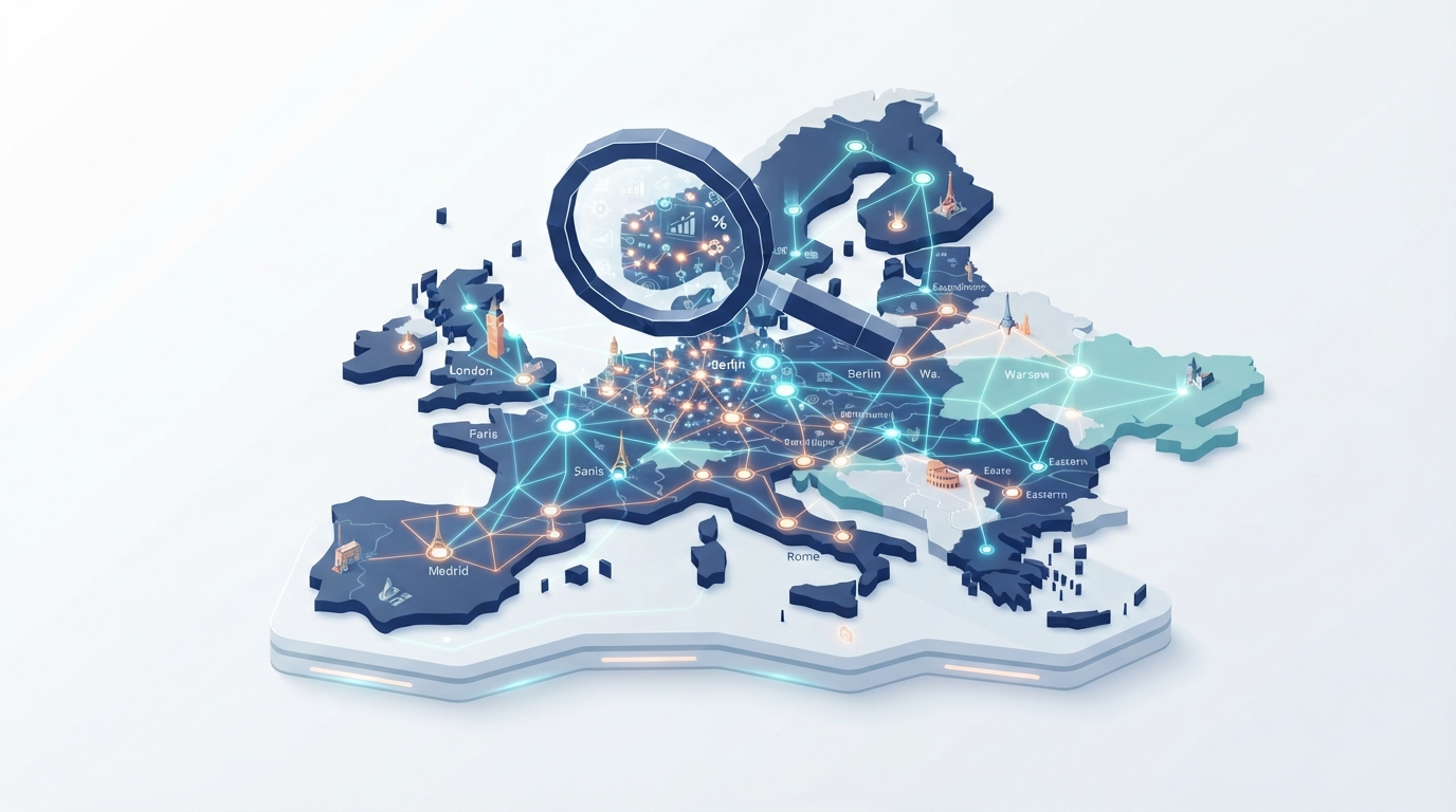 Isometric illustration of a European map with connected nodes representing territorial brand reach and market assessment.